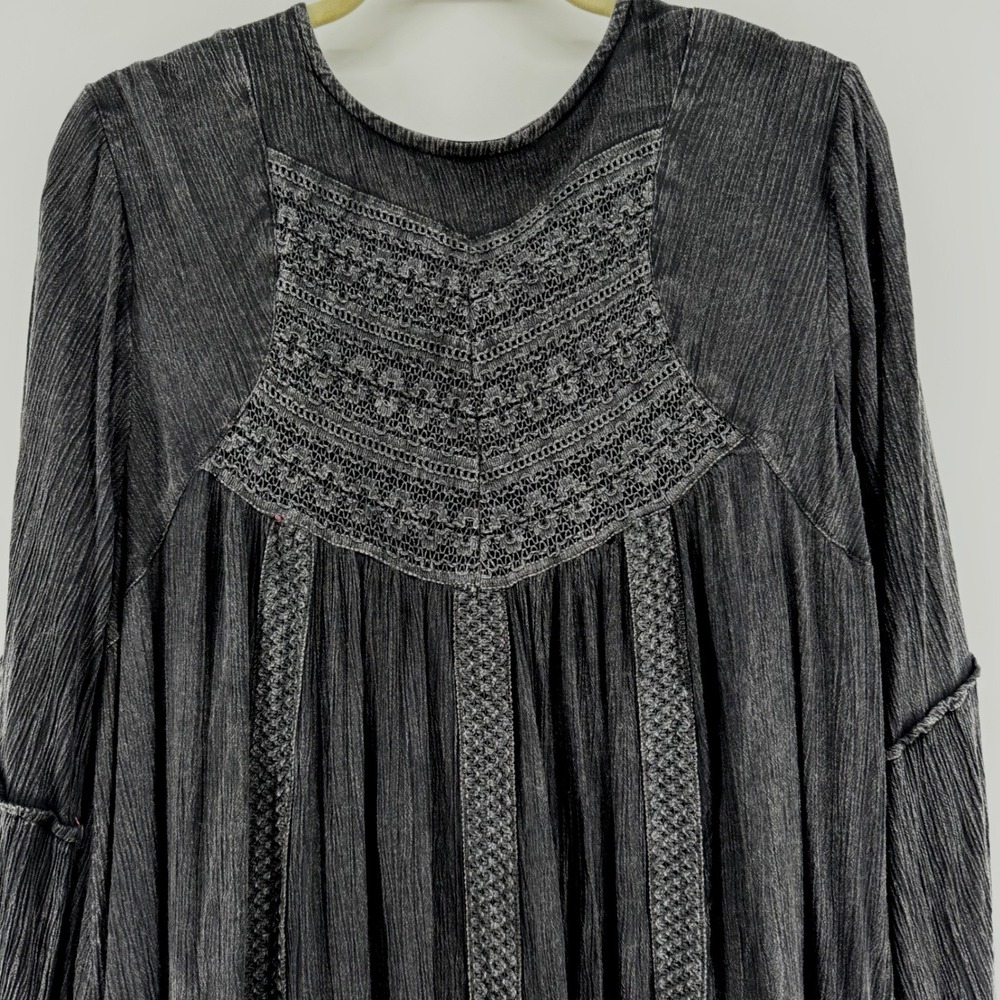 Kings Road XL Washed Gray Crochet Lace Boho Babydoll Tiered Rayon Dress Long Slv - Picture 3 of 15